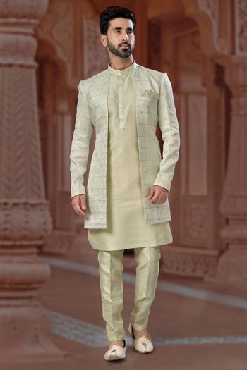 Jacquard and Silk Dhupion Stitched Sherwani KP04126243