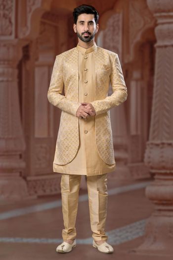 Jacquard and Silk Dhupion Stitched Sherwani KP04126244