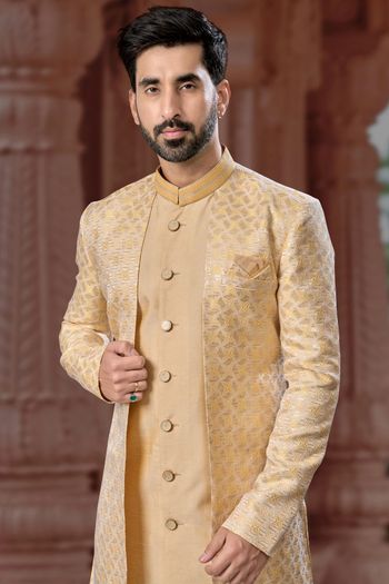 Jacquard and Silk Dhupion Stitched Sherwani KP04126244