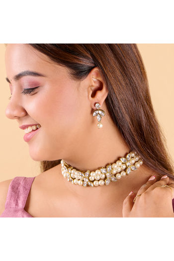 White Pearl and Stone studded Choker Necklace with Drop Earrings jewellery set NS05810010
