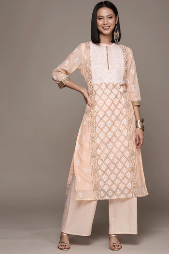 Chanderi Cotton Floral Print Stitched Kurta And Palazzo Set KR04512664