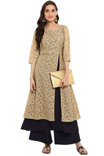 Chanderi Stitched Foil Print Kurti KR04511904