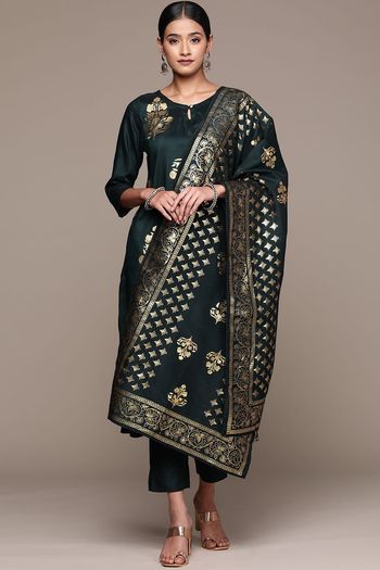 Chinon Ethnic Motifs Stitched Kurta, Pant And Dupatta Set KR04512689