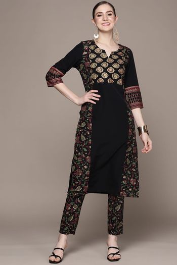 Crepe Ethnic Motifs Stitched Kurta And Pant Set KR04512660