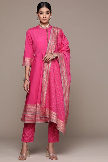 Crepe Ethnic Motifs Stitched Kurta, Pant And Dupatta Set KR04512695