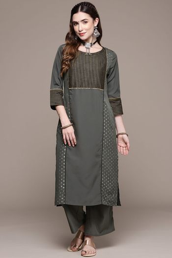 Crepe Ethnic Motifs Stitched Kurta and Pant Set KR04512575