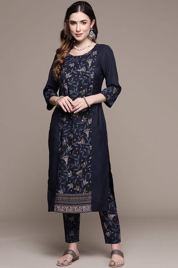 Crepe Floral Print Stitched Kurta and Pant Set KR04512554