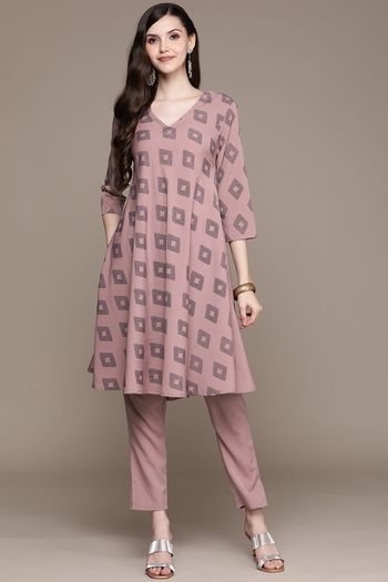 Crepe Ikkat Print Stitched Kurta And Pant Set KR04512658