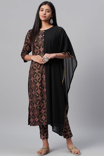 Georgette And Crepe Ethnic Motifs Stitched Kurta and Pant Set KR04512583