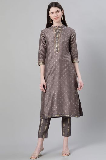 Poly Silk Ethnic Motifs Stitched Kurta And Pant Set KR04512608