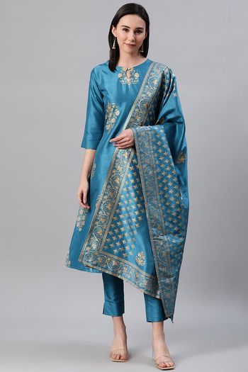 Poly Silk Ethnic Motifs Stitched Kurta, Pant And Dupatta Set KR04512650