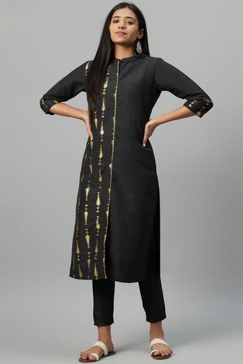 Poly Silk Ethnic Motifs Stitched Kurta and Pant Set KR04512606