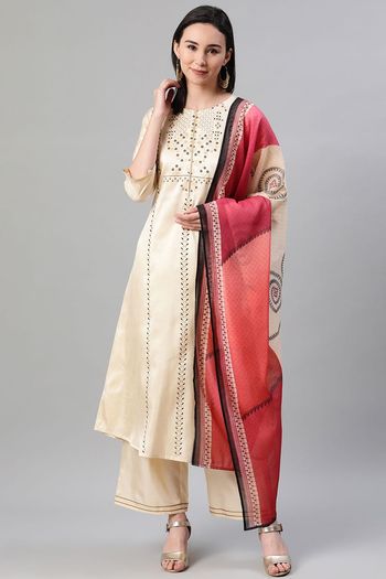 Poly Silk Ethnic Motifs Stitched Kurta,Palazzo And Dupatta Set KR04512648