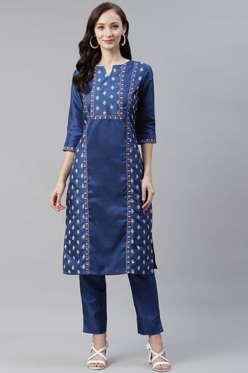 Poly Silk Floral Print Stitched Kurta And Pant Set KR04512618