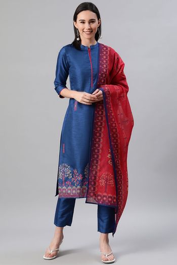 Poly Silk Floral Print Stitched Kurta, Pant And Dupatta Set KR04512647