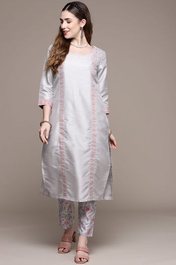 Poly Silk Geometric Print Stitched Kurta and Pant Set KR04512593