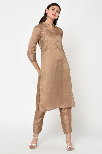 Poly Silk Solid Stitched Kurta and Pant Set KR04512589