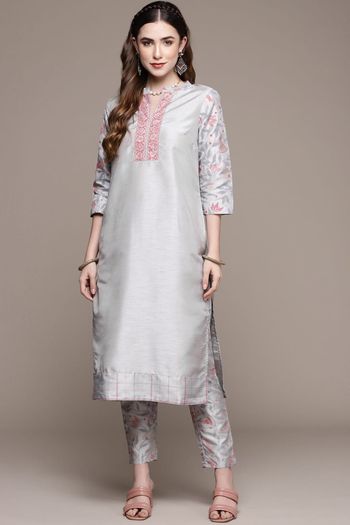 Poly Silk Solid Stitched Kurta and Pant Set KR04512595