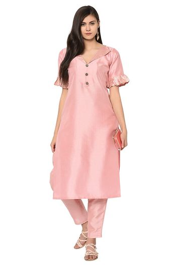 Poly Silk Solid Stitched Kurta and Pant Set KR04512590