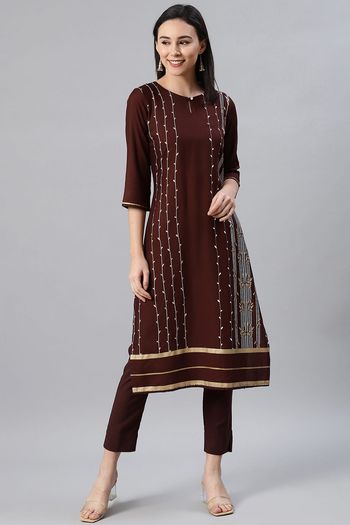 Rayon Ethnic Motifs Stitched Kurta And Pant Set KR04512629