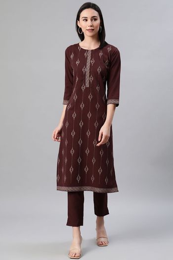 Rayon Ethnic Motifs Stitched Kurta And Pant Set KR04512632