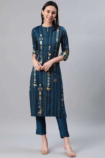 Rayon Floral Print Stitched Kurta And Pant Set KR04512631