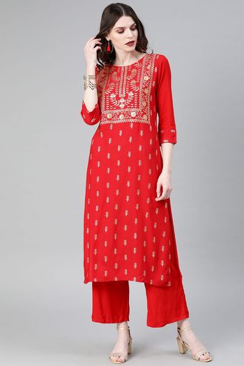 Rayon Floral Print Stitched Kurta and Palazzo Set KR04512624