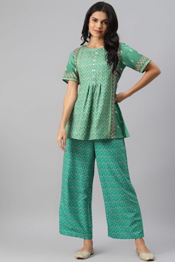 Rayon Geometric Print Stitched Kurta And Palazzo Set KR04512637