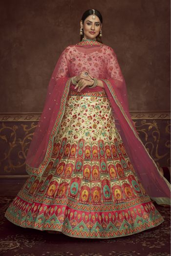 Pure Net Lehenga Choli With Heavy Thread Embroidery with Cut, Mirror and  Zarkan Work LD01353095 In Pink Colour