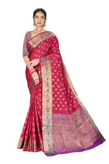 Art Silk Woven Saree In Rani Pink Colour - SR4840037