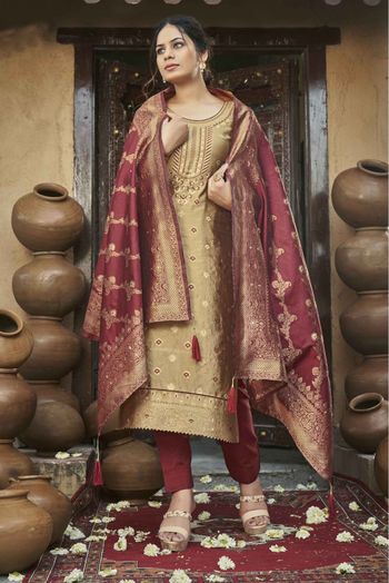 Banarasi Jacquard Woven Pant Style Suit In Beige Colour - SM1357296