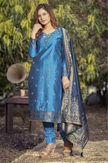 Banarasi Jacquard Woven Pant Style Suit In Blue Colour - SM1357301