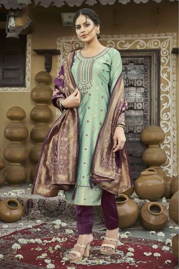 Banarasi Jacquard Woven Pant Style Suit In Mint Green Colour - SM1357298