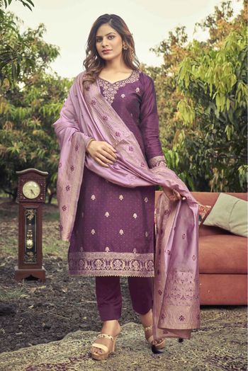 Banarasi Jacquard Woven Pant Style Suit In Purple Colour - SM1357300