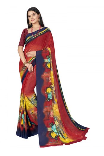 Chiffon Printed Saree In Red Colour - SR4840117