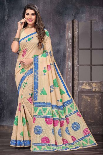 Cotton Printed Saree In Cream Colour - SR0074470