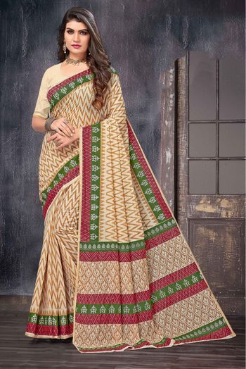 Cotton Printed Saree In Cream Colour - SR0074472