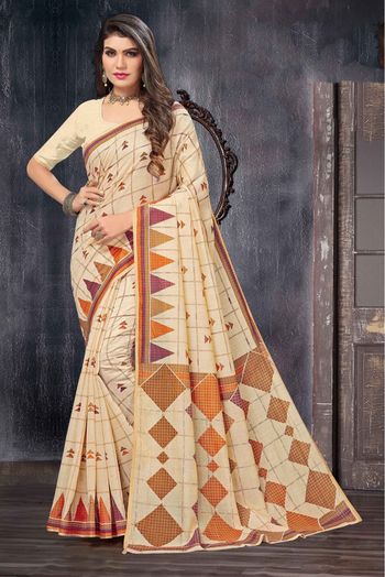 Cotton Printed Saree In Cream Colour - SR0074473