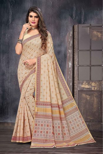 Cotton Printed Saree In Cream Colour - SR0074474