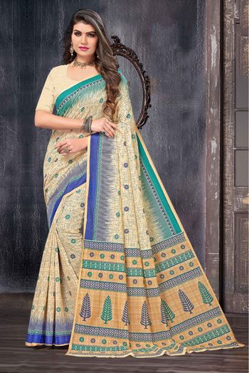 Cotton Printed Saree In Cream Colour - SR0074475