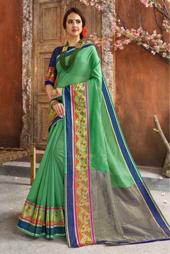 Cotton Silk Woven Saree In Green Colour - SR0074424