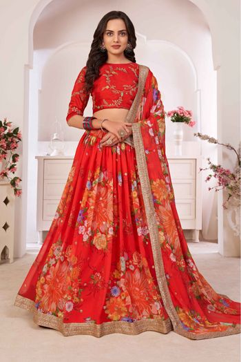 Red Party Wear Semi Stitched Lehenga Choli - Yash Enterprise - 4132965