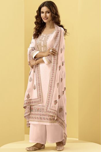 Georgette Embroidery Palazzo Pant Suit In Baby Pink Colour - SM5540048