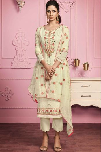 Georgette Embroidery Pant Style Suit In Off White Colour - SM5540036