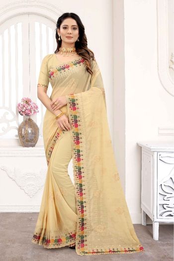 Georgette Embroidery Saree In Cream Colour - SR4690657