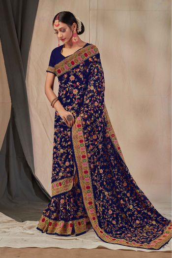 Georgette Embroidery Saree In Navy Blue Colour - SR1543403