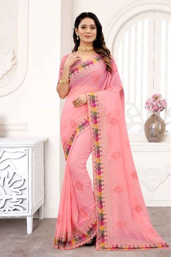 Georgette Embroidery Saree In Peach Colour - SR4690661