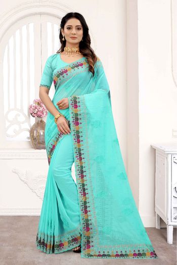 Georgette Embroidery Saree In Sea Green Colour - SR4690660