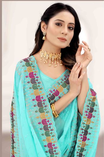 Georgette Embroidery Saree In Sea Green Colour - SR4690660