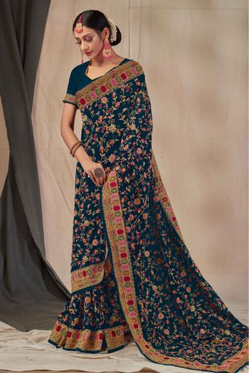 Georgette Embroidery Saree In Teal Blue Colour - SR1543405